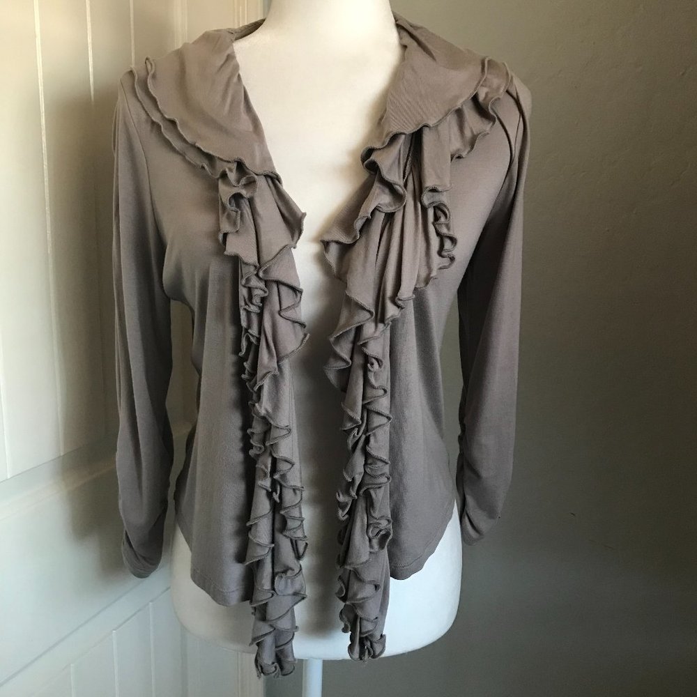 INC Taupe Ruffled Collar Cascade Front Cardigan with Hook-Eye Closure Small